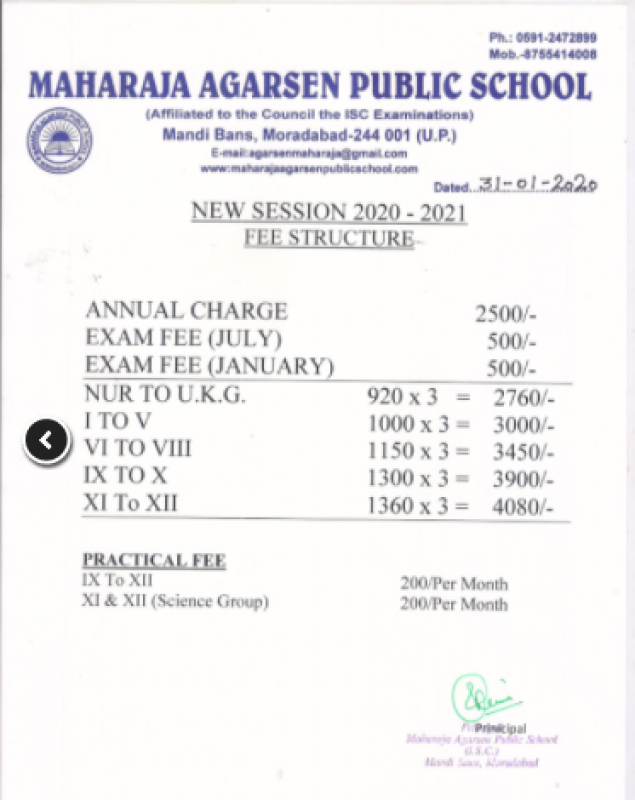 Fee Structure Maharaja Agrasen Public School, Moradabad [MAPS] for